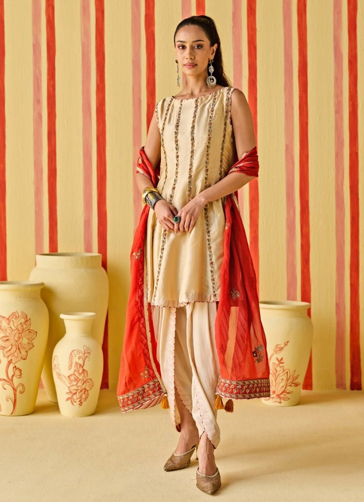 Beige And Orange Silk Kurta Dhoti Set Studio Bagechaa - Fabilicious Fashion