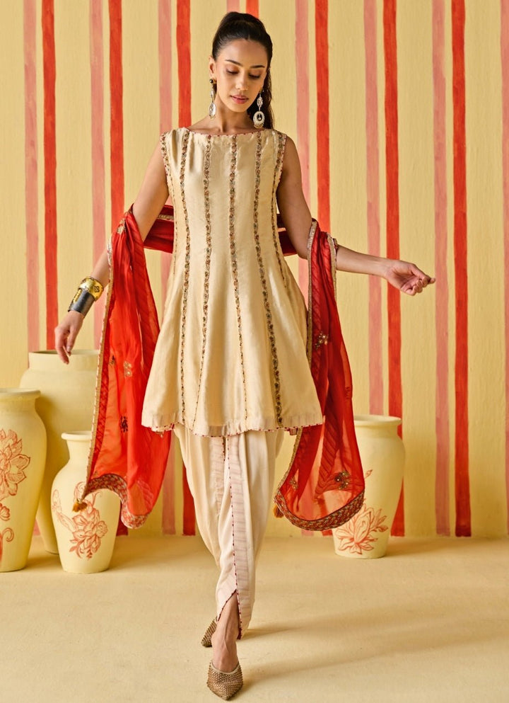 Beige And Orange Silk Kurta Dhoti Set Studio Bagechaa - Fabilicious Fashion