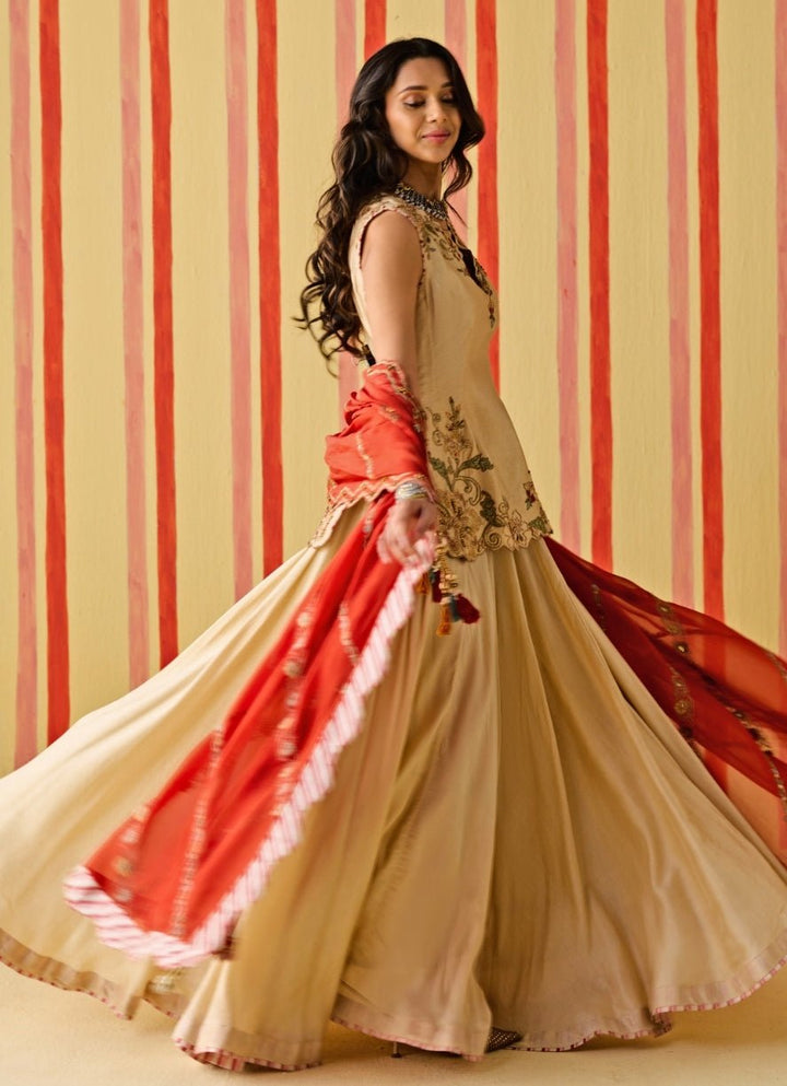 Beige And Orange Silk Kurta Lehenga Set Studio Bagechaa - Fabilicious Fashion