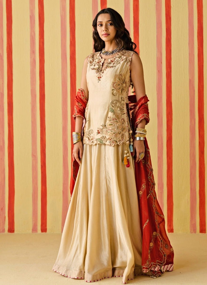 Beige And Orange Silk Kurta Lehenga Set Studio Bagechaa - Fabilicious Fashion