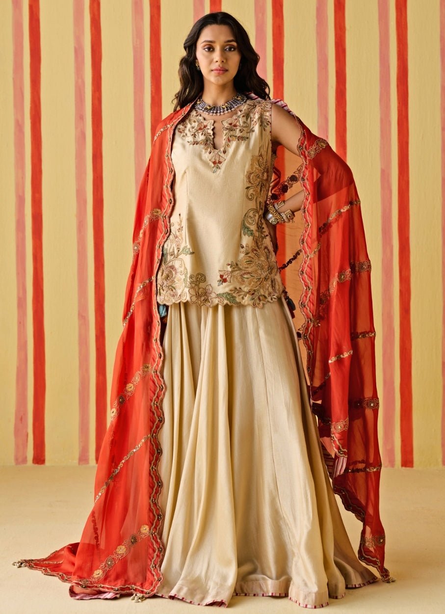 Beige And Orange Silk Kurta Lehenga Set Studio Bagechaa - Fabilicious Fashion