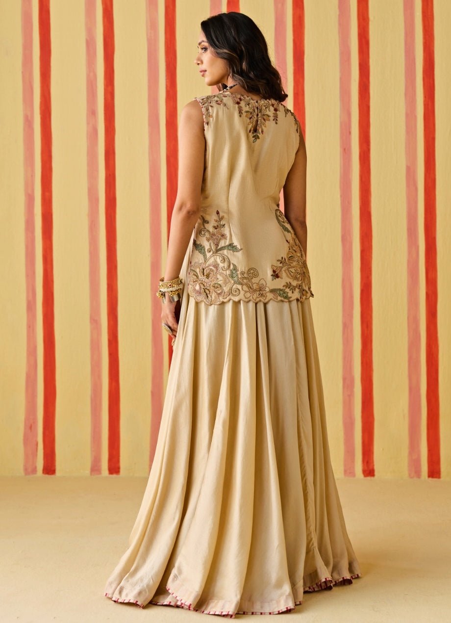 Beige And Orange Silk Kurta Lehenga Set Studio Bagechaa - Fabilicious Fashion