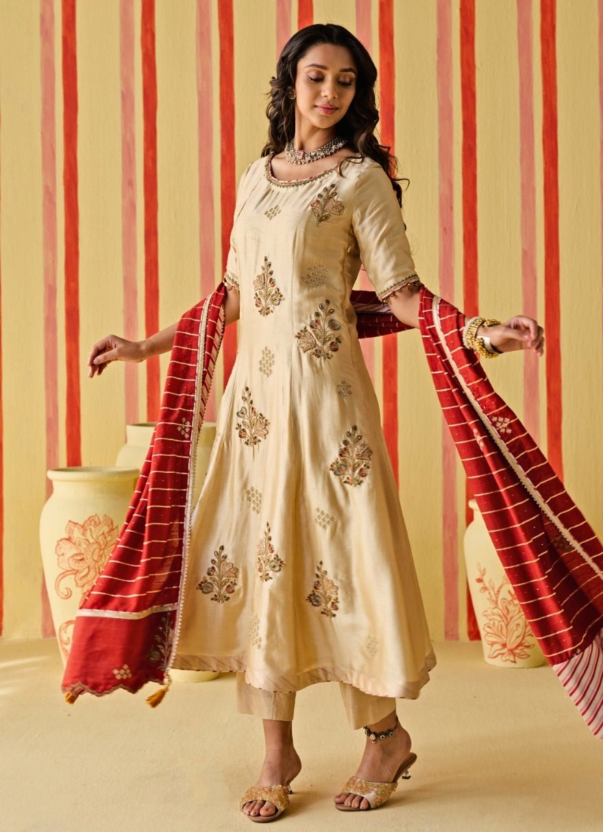 Beige And Orange Silk Kurta Pants Set Studio Bagechaa - Fabilicious Fashion