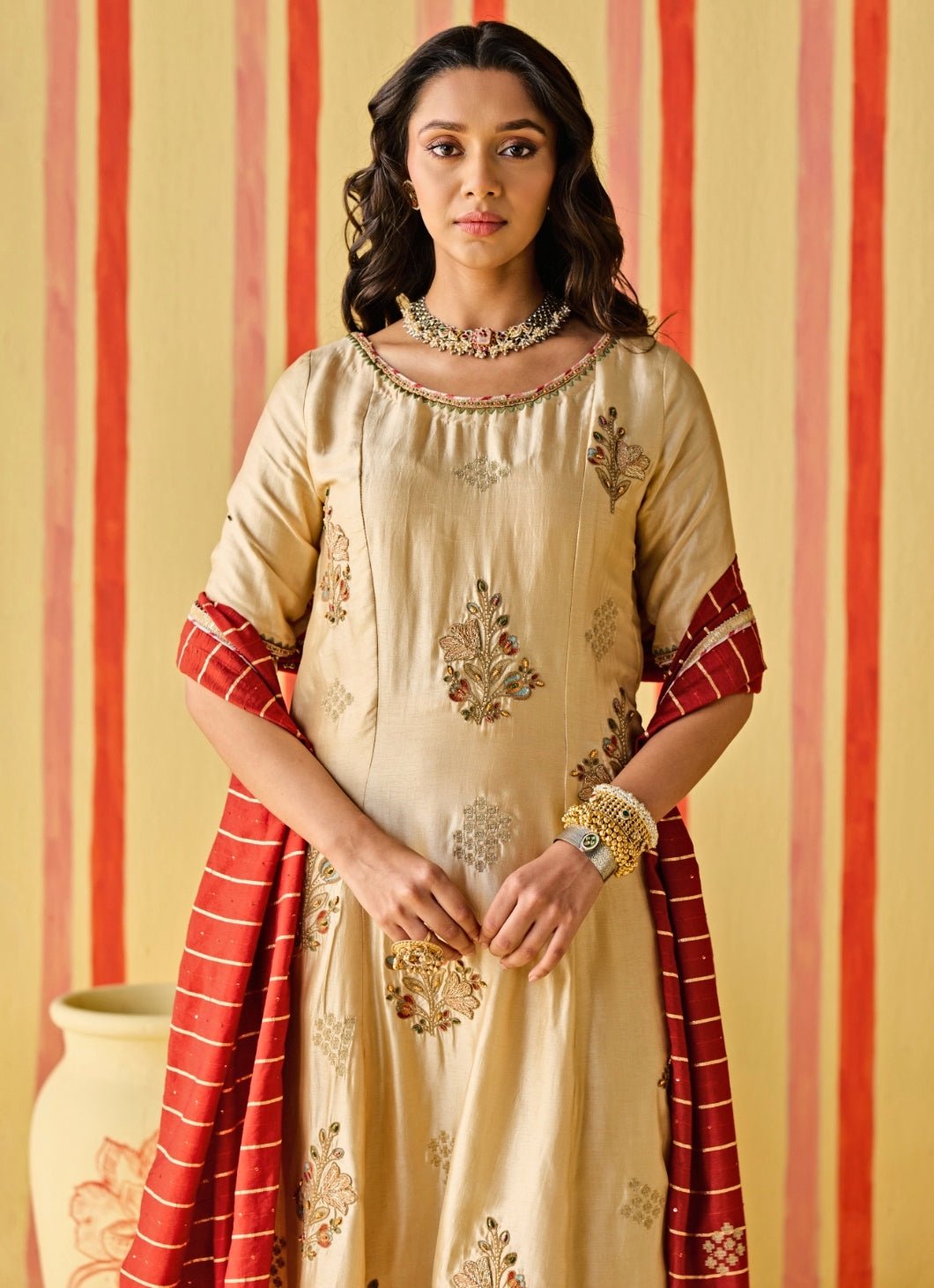 Beige And Orange Silk Kurta Pants Set Studio Bagechaa - Fabilicious Fashion