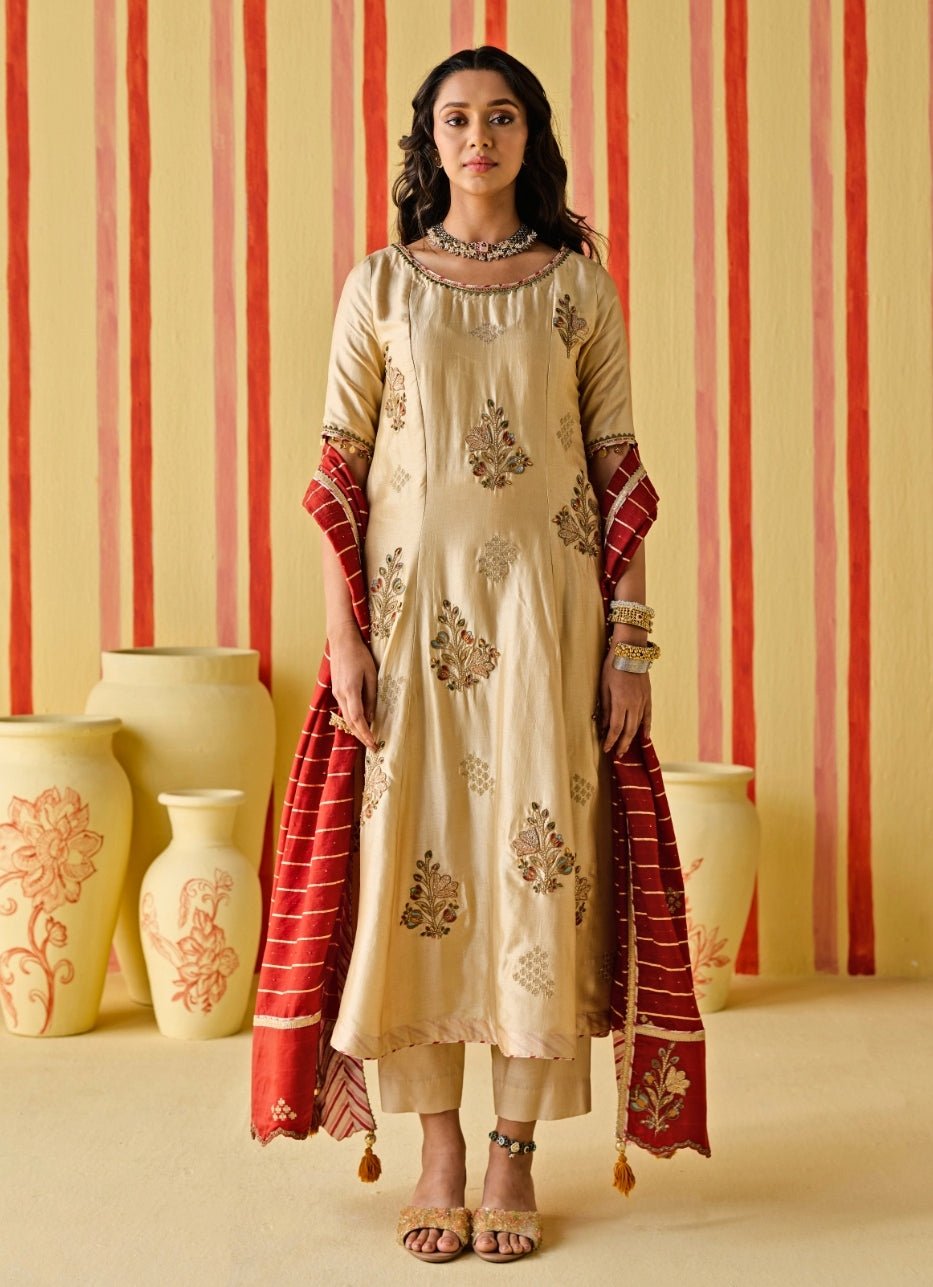 Beige And Orange Silk Kurta Pants Set Studio Bagechaa - Fabilicious Fashion