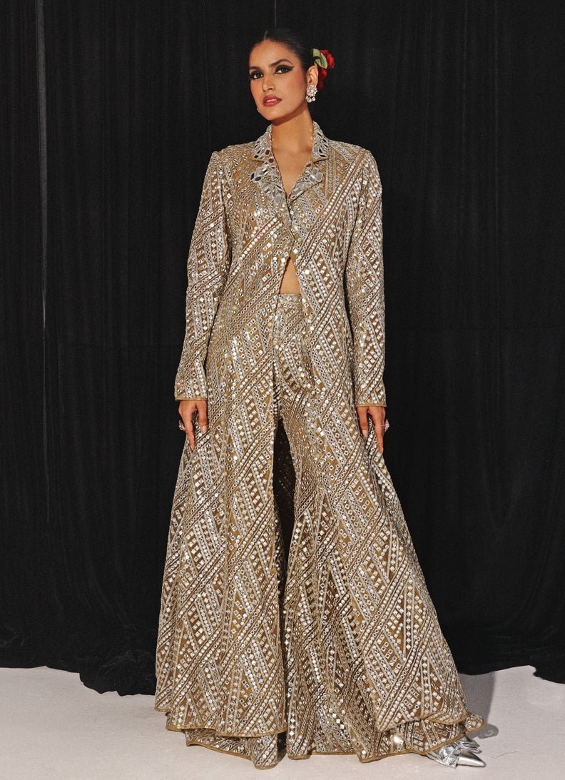 Beige And Silver Mirrorwork Pant Set With Long Blazer Twenty Nine - Fabilicious Fashion