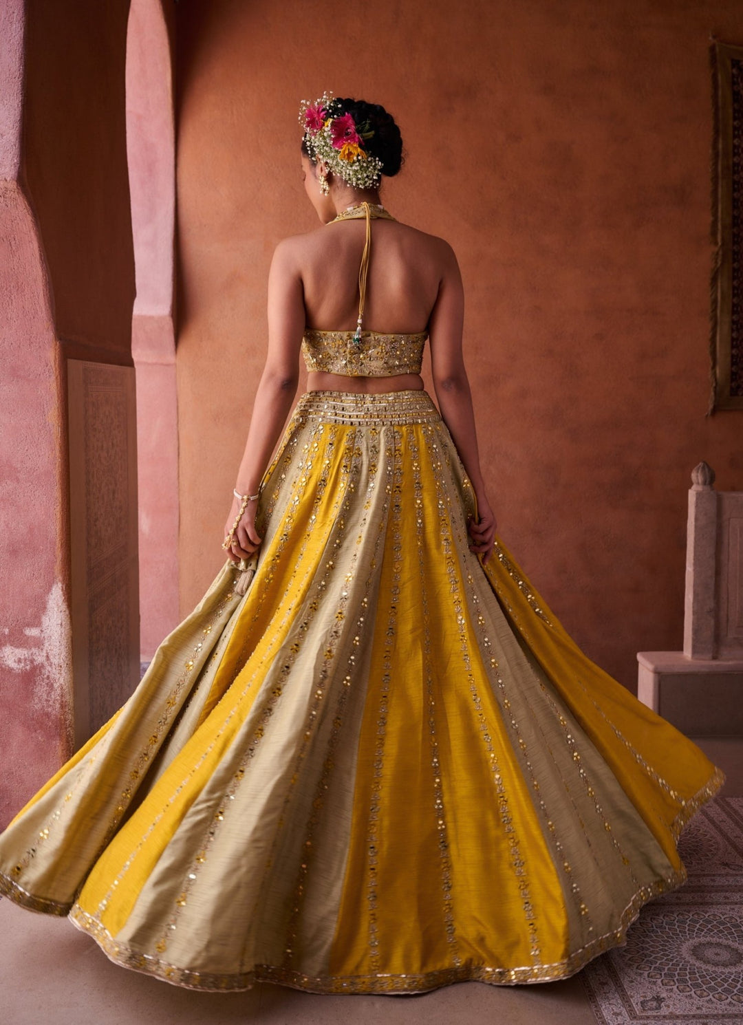 Beige And Yellow Silk Lehenga Set KAPDA DORI - Fabilicious Fashion