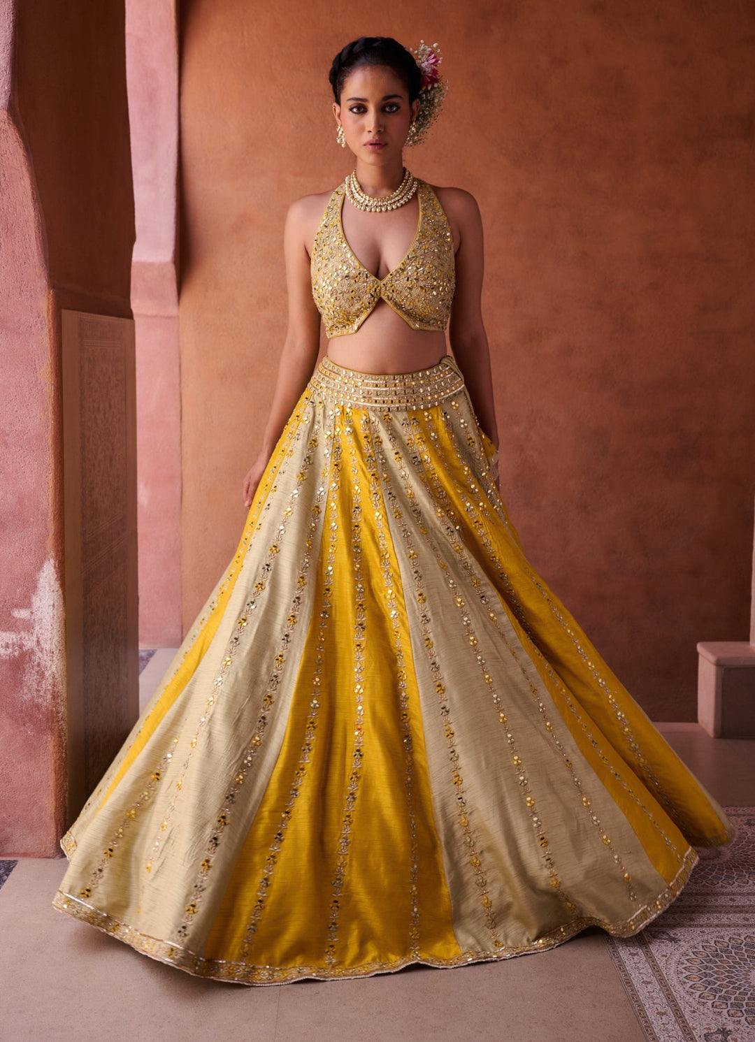 Beige And Yellow Silk Lehenga Set KAPDA DORI - Fabilicious Fashion