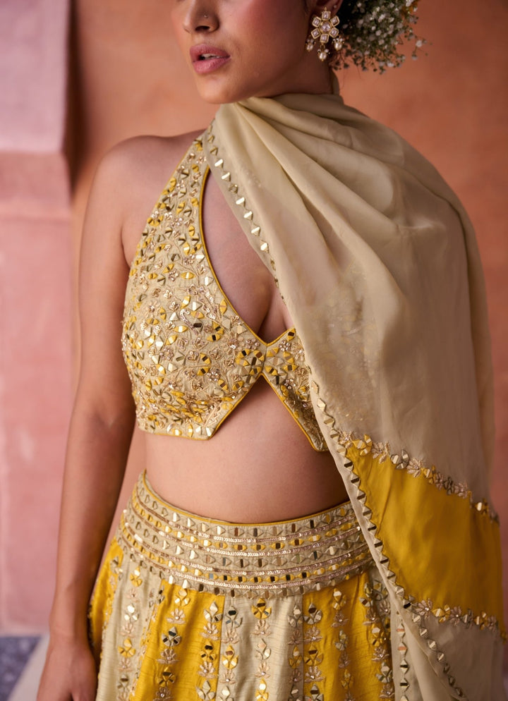 Beige And Yellow Silk Lehenga Set KAPDA DORI - Fabilicious Fashion