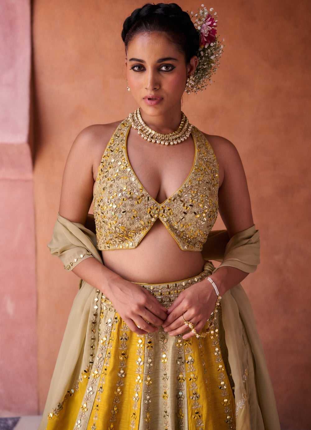 Beige And Yellow Silk Lehenga Set KAPDA DORI - Fabilicious Fashion