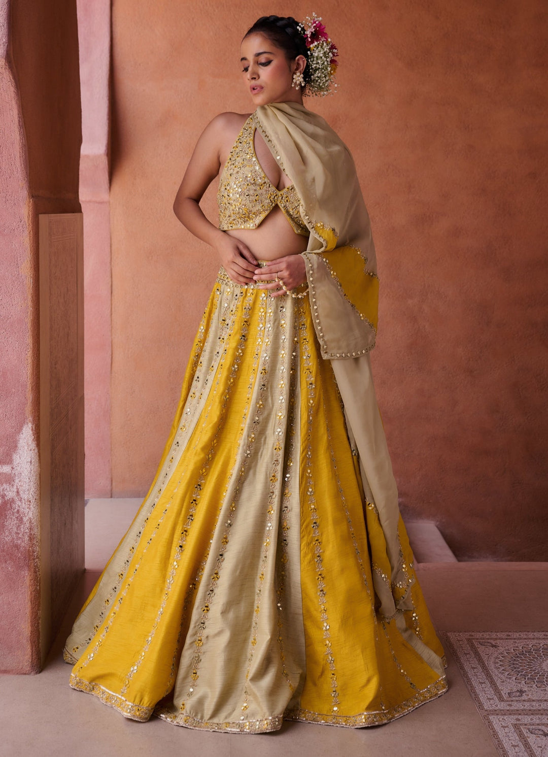 Beige And Yellow Silk Lehenga Set KAPDA DORI - Fabilicious Fashion