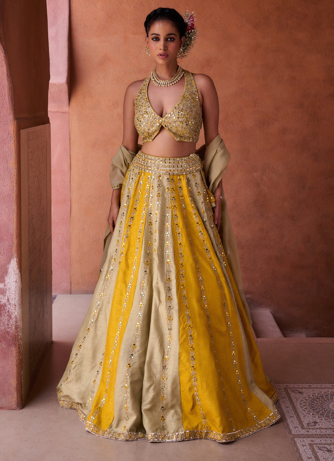 Beige And Yellow Silk Lehenga Set KAPDA DORI - Fabilicious Fashion