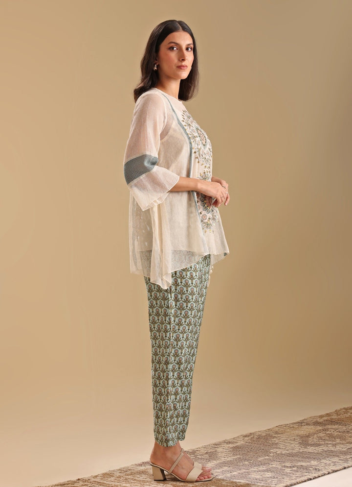 Beige Appliqué Asymmetrical Top With Printed Green Pants Soup By Sougat Paul - Fabilicious Fashion