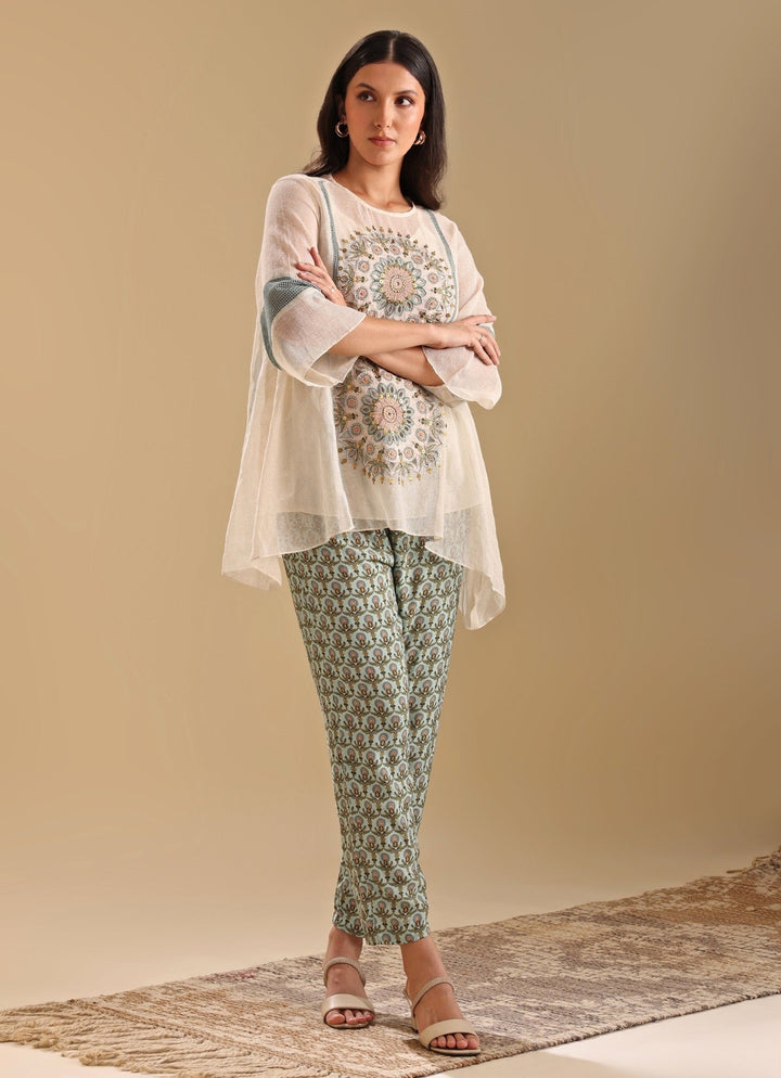 Beige Appliqué Asymmetrical Top With Printed Green Pants Soup By Sougat Paul - Fabilicious Fashion