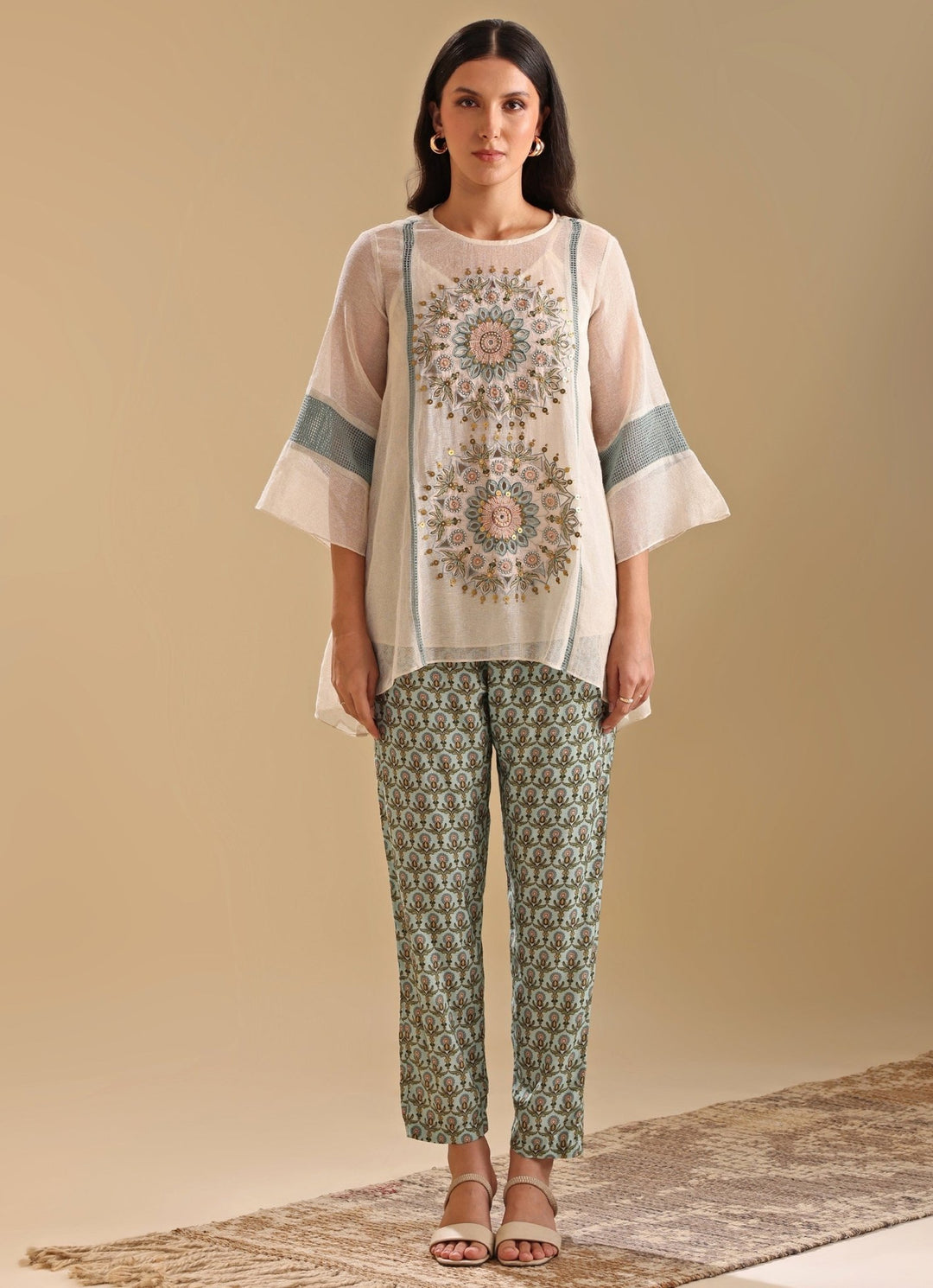 Beige Appliqué Asymmetrical Top With Printed Green Pants Soup By Sougat Paul - Fabilicious Fashion