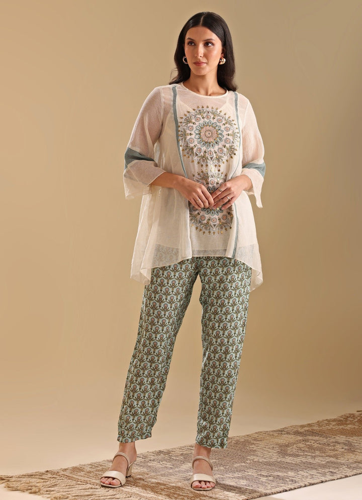 Beige Appliqué Asymmetrical Top With Printed Green Pants Soup By Sougat Paul - Fabilicious Fashion