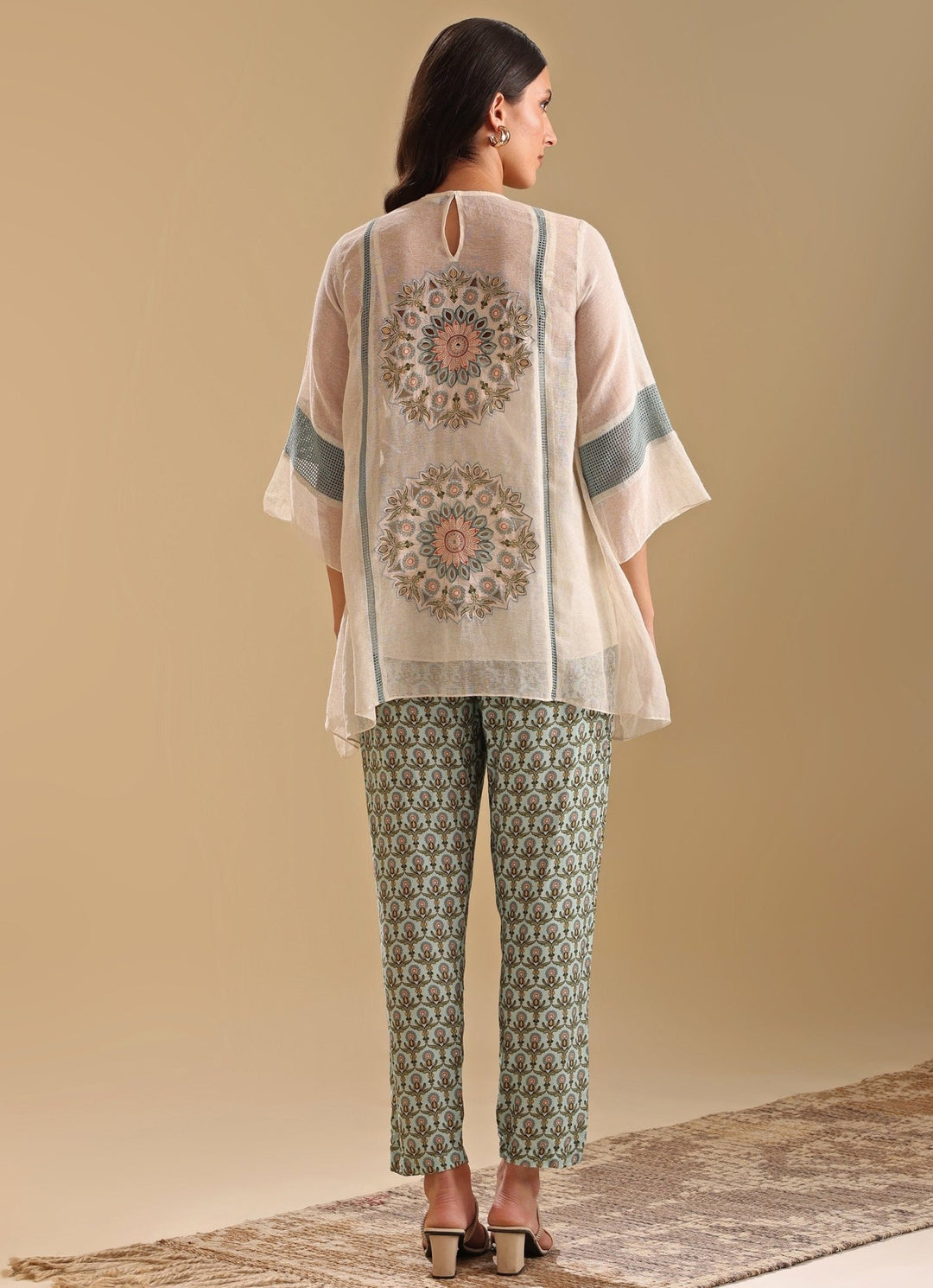 Beige Appliqué Asymmetrical Top With Printed Green Pants Soup By Sougat Paul - Fabilicious Fashion