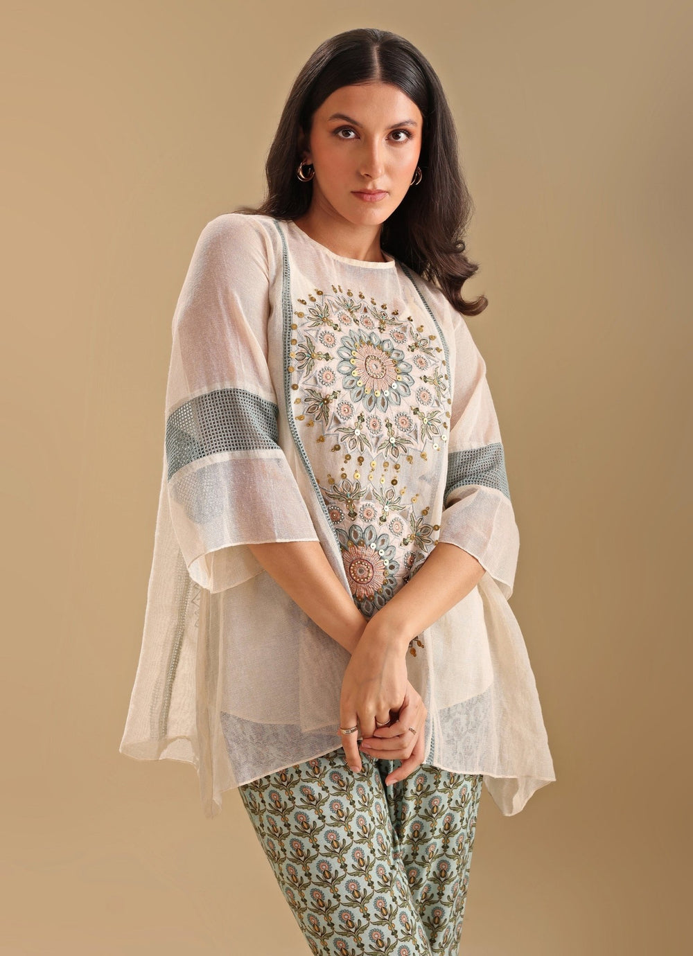 Beige Appliqué Asymmetrical Top With Printed Green Pants Soup By Sougat Paul - Fabilicious Fashion
