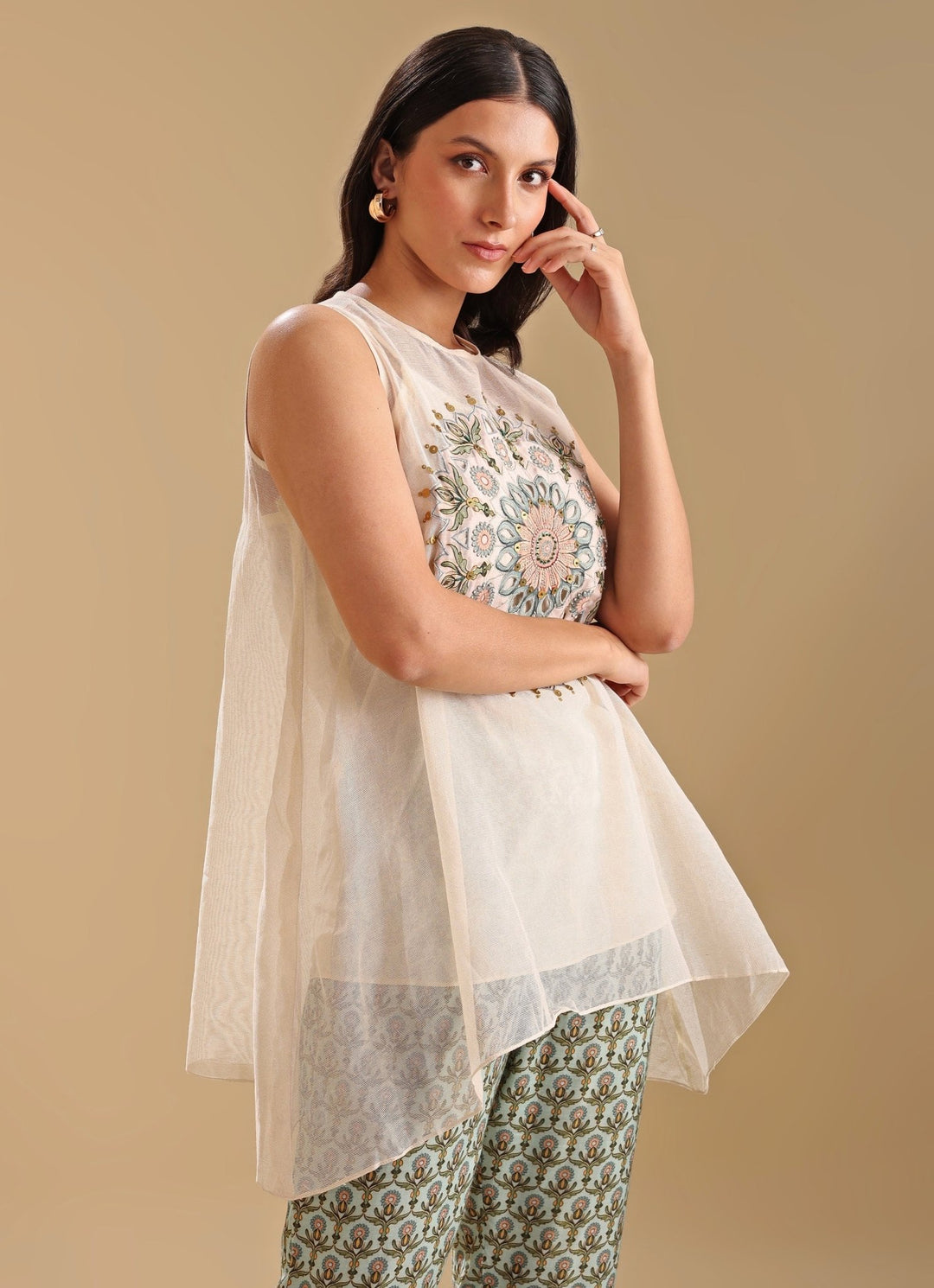 Beige Appliqué Sleeveless Top With Printed Linen Pants Soup By Sougat Paul - Fabilicious Fashion
