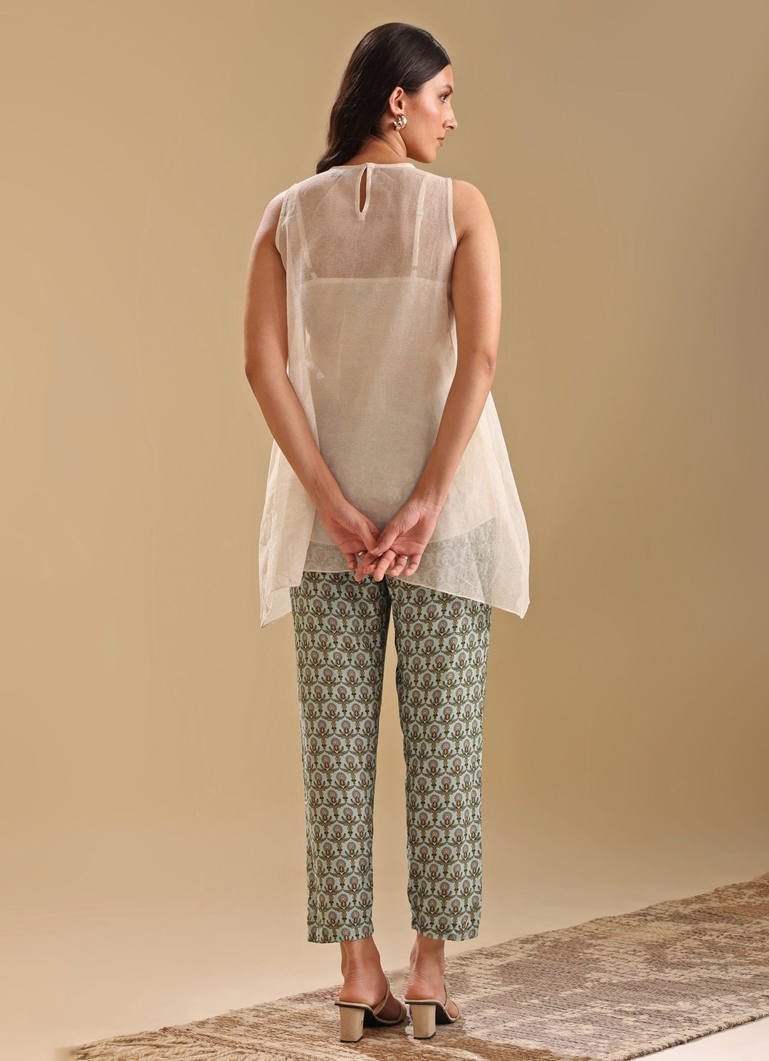Beige Appliqué Sleeveless Top With Printed Linen Pants Soup By Sougat Paul - Fabilicious Fashion