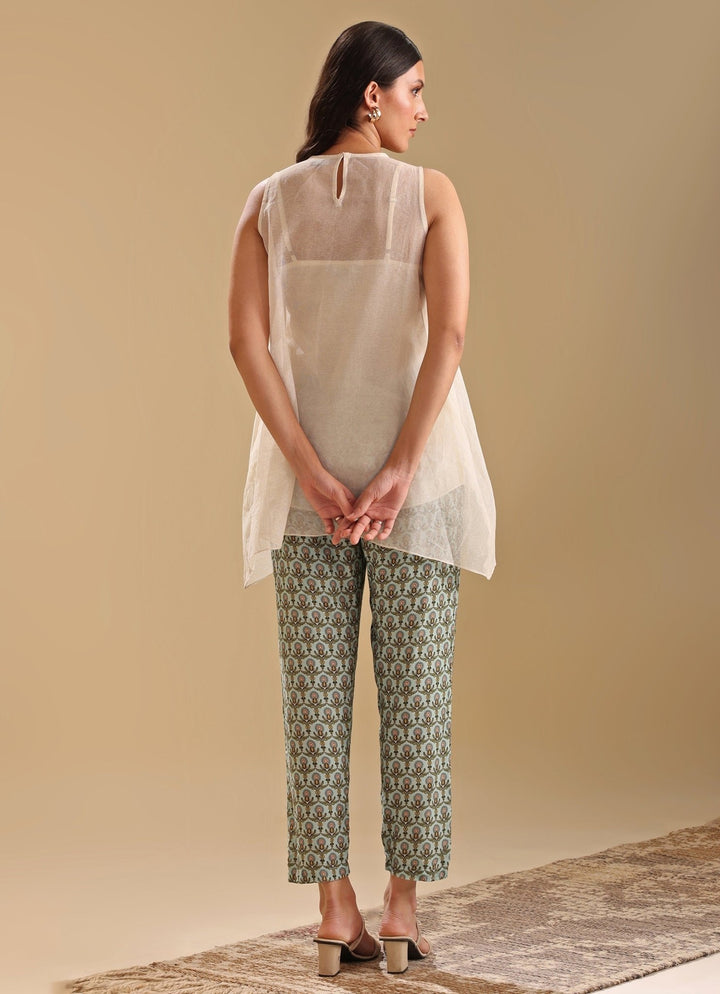 Beige Appliqué Sleeveless Top With Printed Linen Pants Soup By Sougat Paul - Fabilicious Fashion