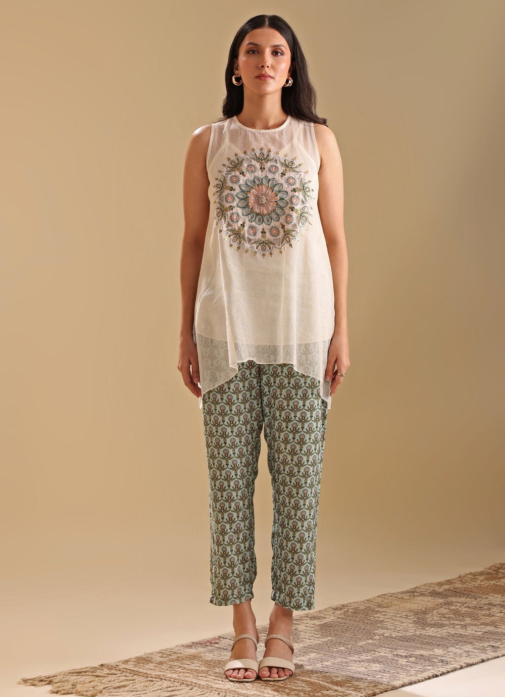 Beige Appliqué Sleeveless Top With Printed Linen Pants Soup By Sougat Paul - Fabilicious Fashion