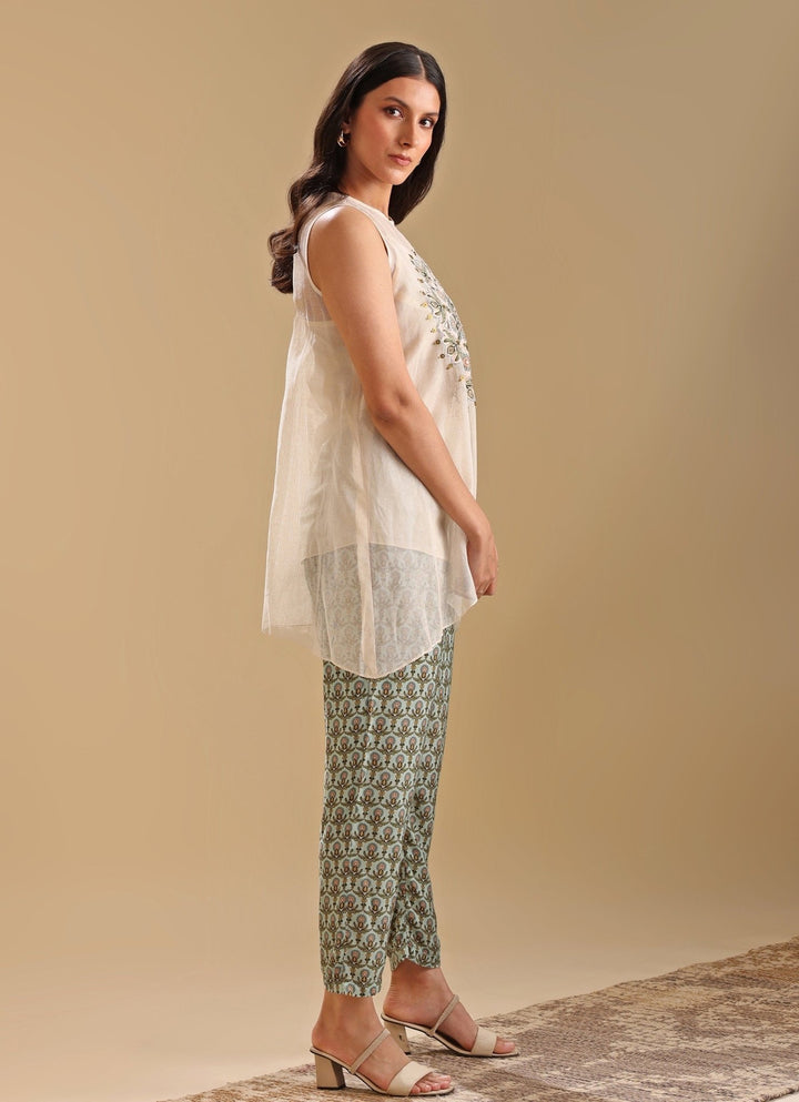 Beige Appliqué Sleeveless Top With Printed Linen Pants Soup By Sougat Paul - Fabilicious Fashion