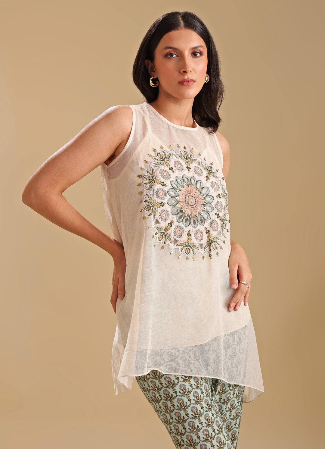 Beige Appliqué Sleeveless Top With Printed Linen Pants Soup By Sougat Paul - Fabilicious Fashion