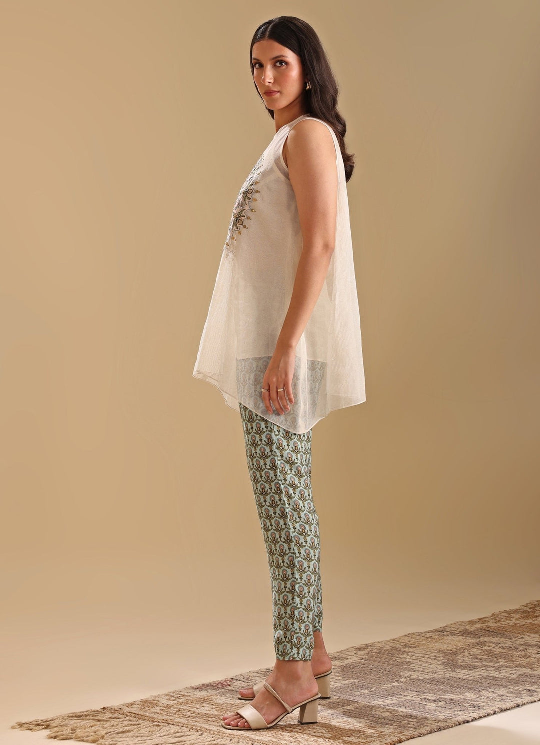Beige Appliqué Sleeveless Top With Printed Linen Pants Soup By Sougat Paul - Fabilicious Fashion