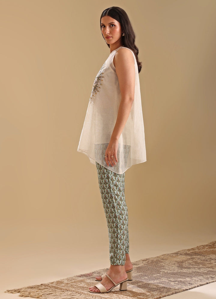 Beige Appliqué Sleeveless Top With Printed Linen Pants Soup By Sougat Paul - Fabilicious Fashion