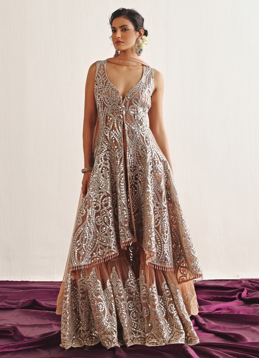 Beige Applique Work Lehenga Set With Mirrorwork Long Top Twenty Nine - Fabilicious Fashion