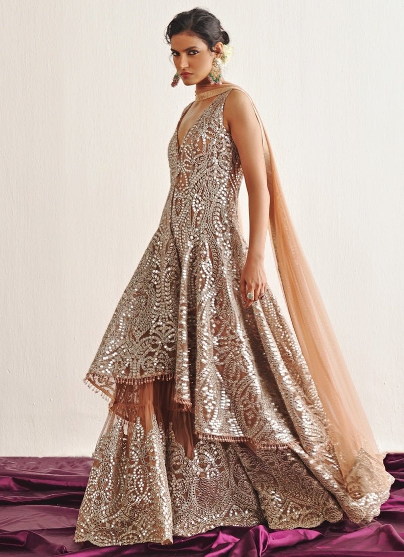 Beige Applique Work Lehenga Set With Mirrorwork Long Top Twenty Nine - Fabilicious Fashion