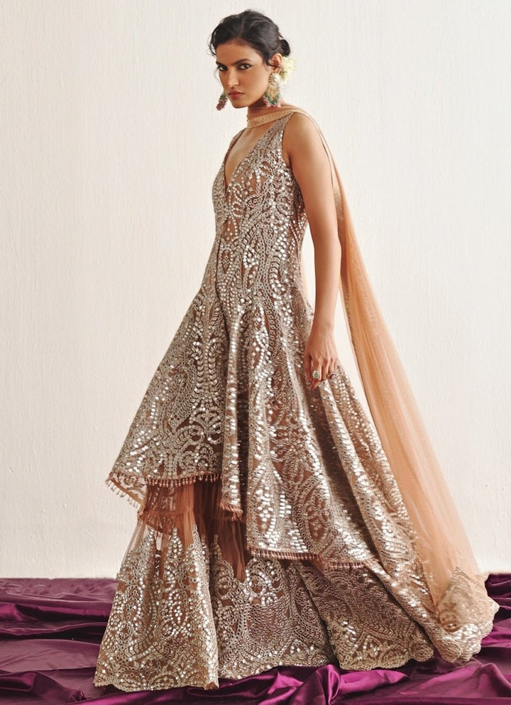 Beige Applique Work Lehenga Set With Mirrorwork Long Top Twenty Nine - Fabilicious Fashion
