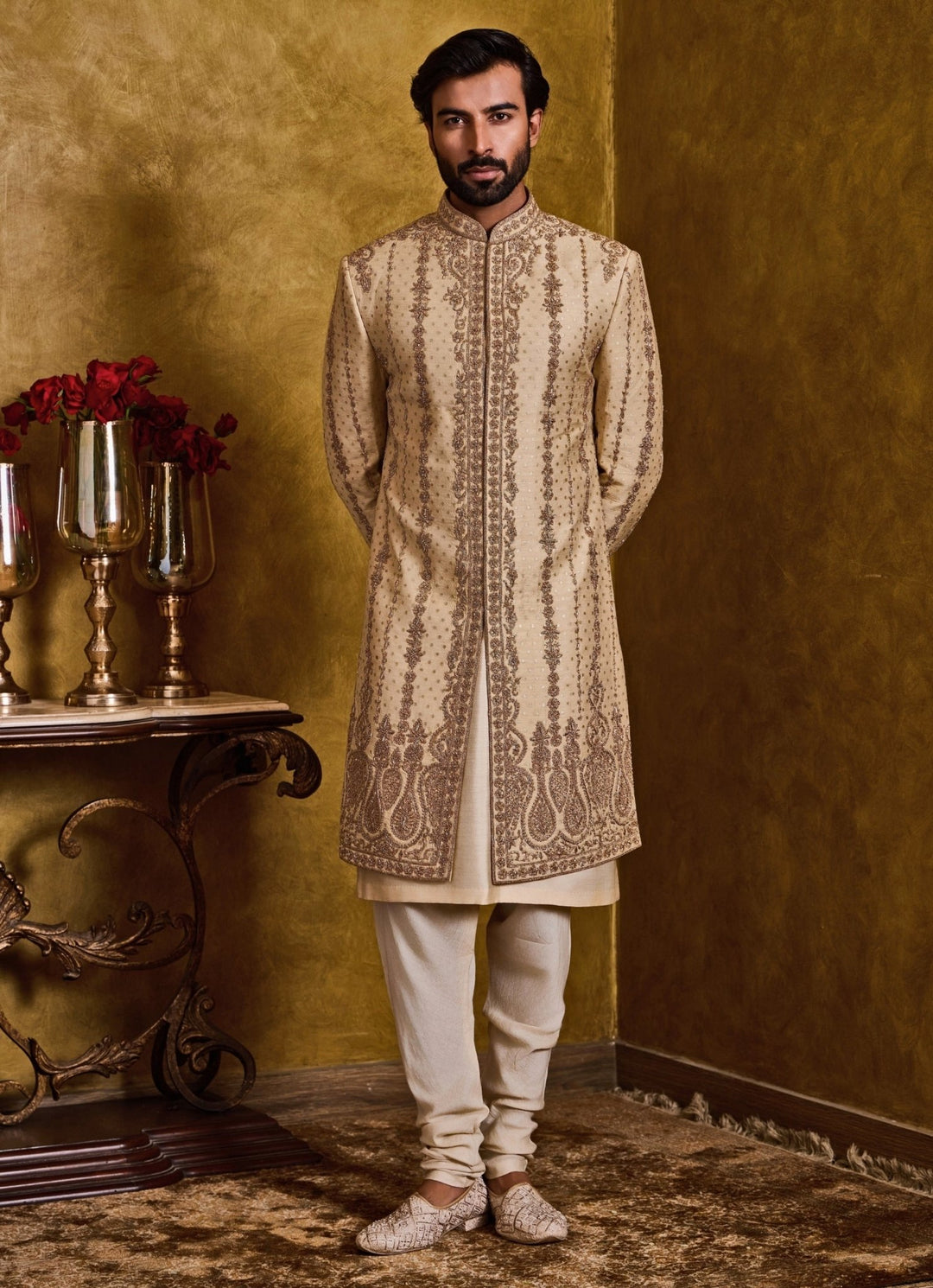 Beige Banarasi Monga Tussar Sherwani Set Nitika Gujral - Men - Fabilicious Fashion