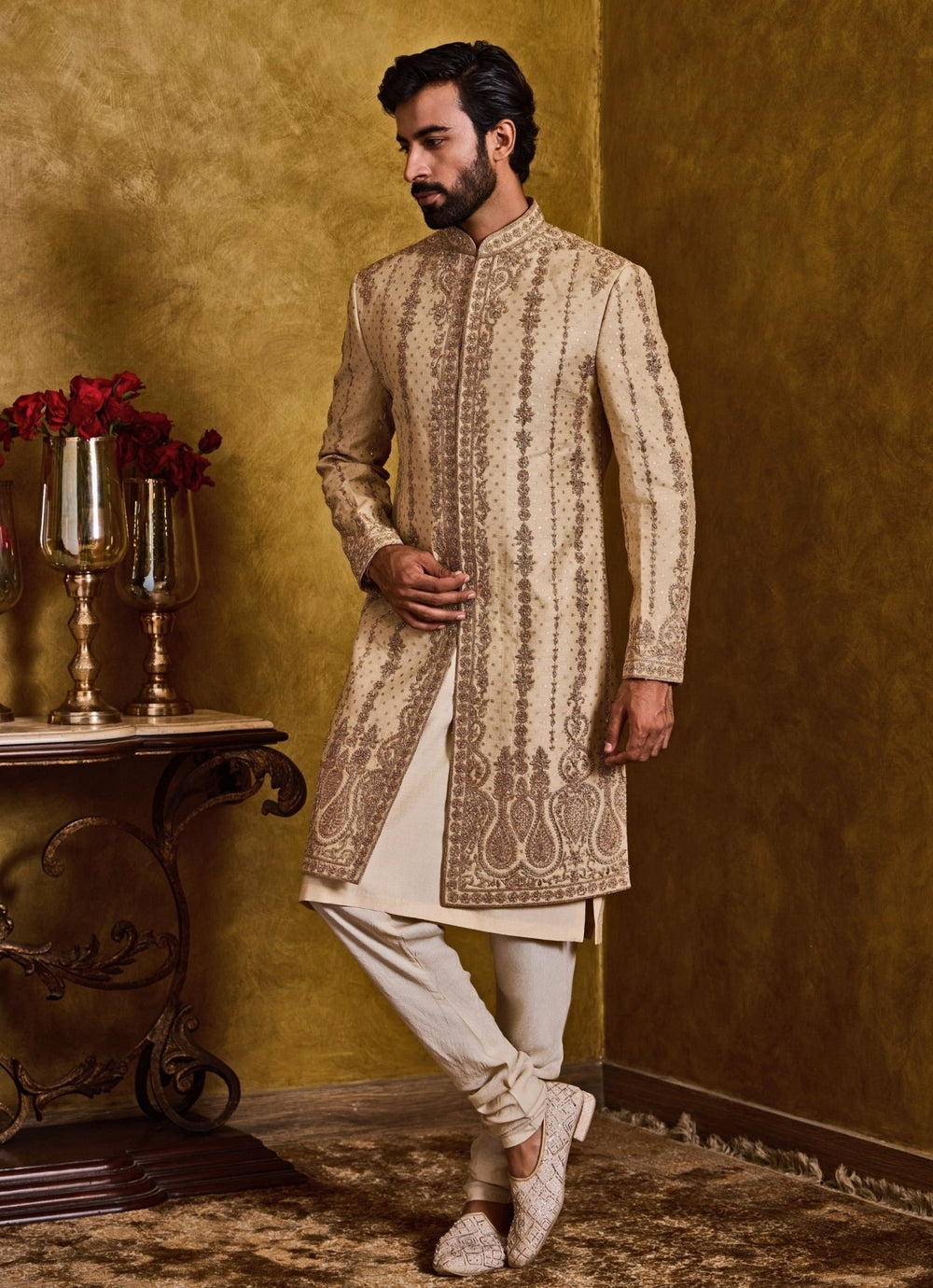 Beige Banarasi Monga Tussar Sherwani Set Nitika Gujral - Men - Fabilicious Fashion