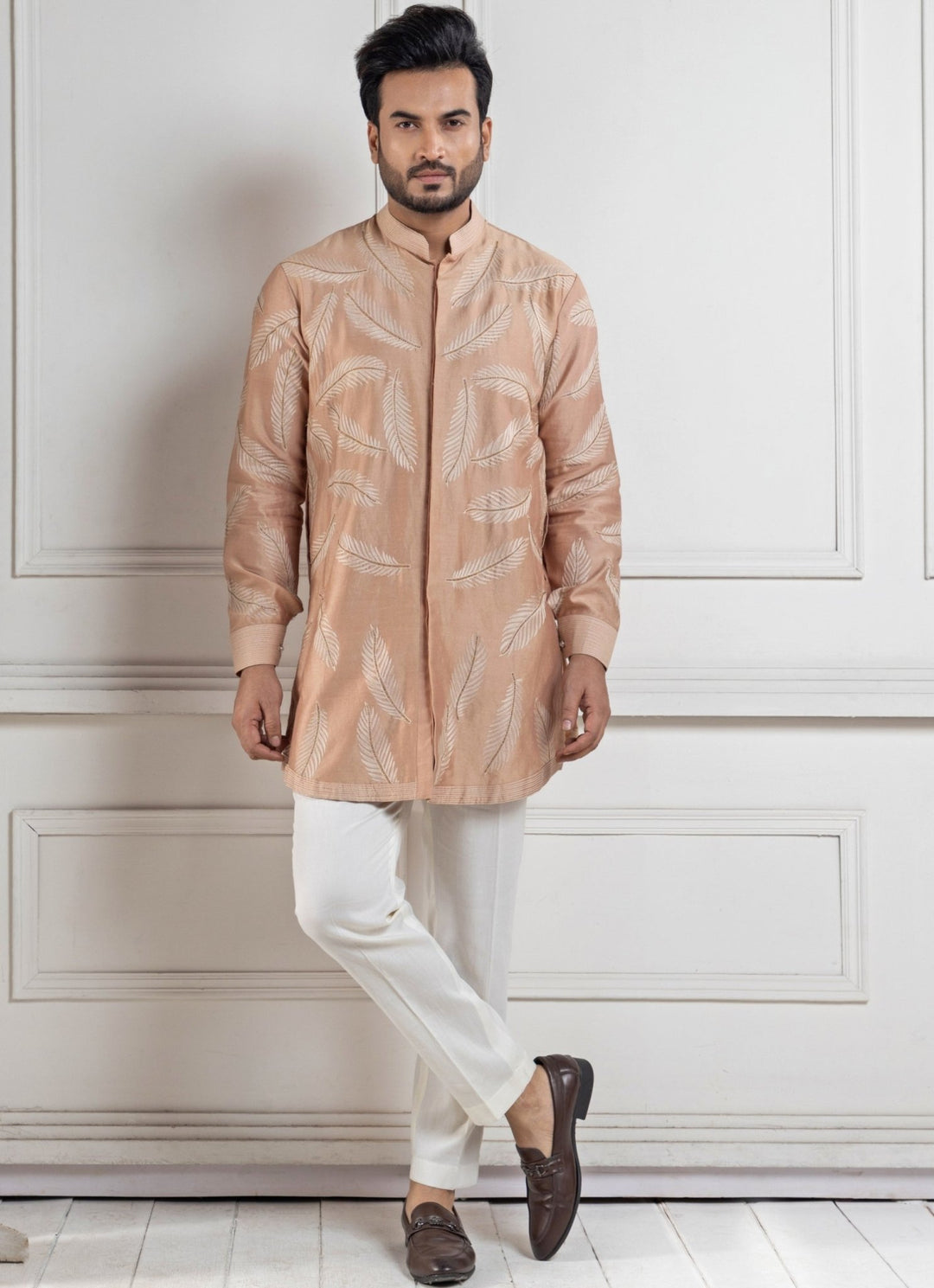 Beige Chanderi Embroidered Kurta Pant Set Smriti - Fabilicious Fashion