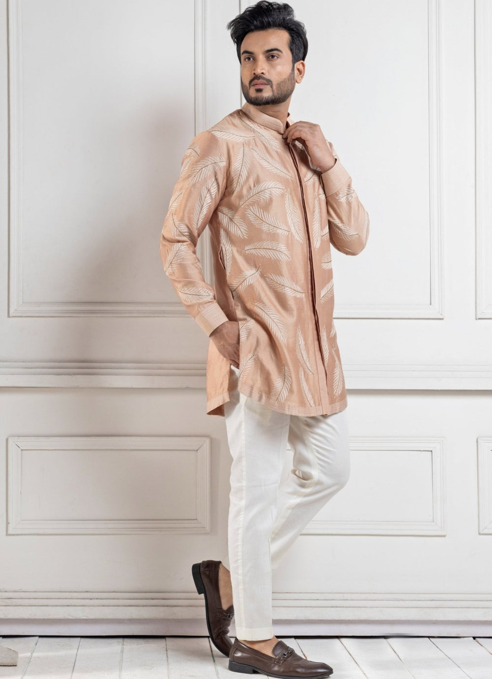 Beige Chanderi Embroidered Kurta Pant Set Smriti - Fabilicious Fashion