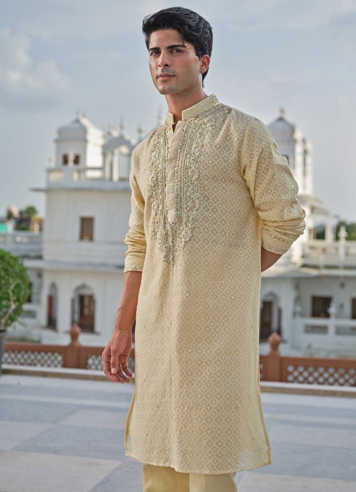 Darzi House Beige Cotton Jacquard Kurta SetFabilicious Fashion