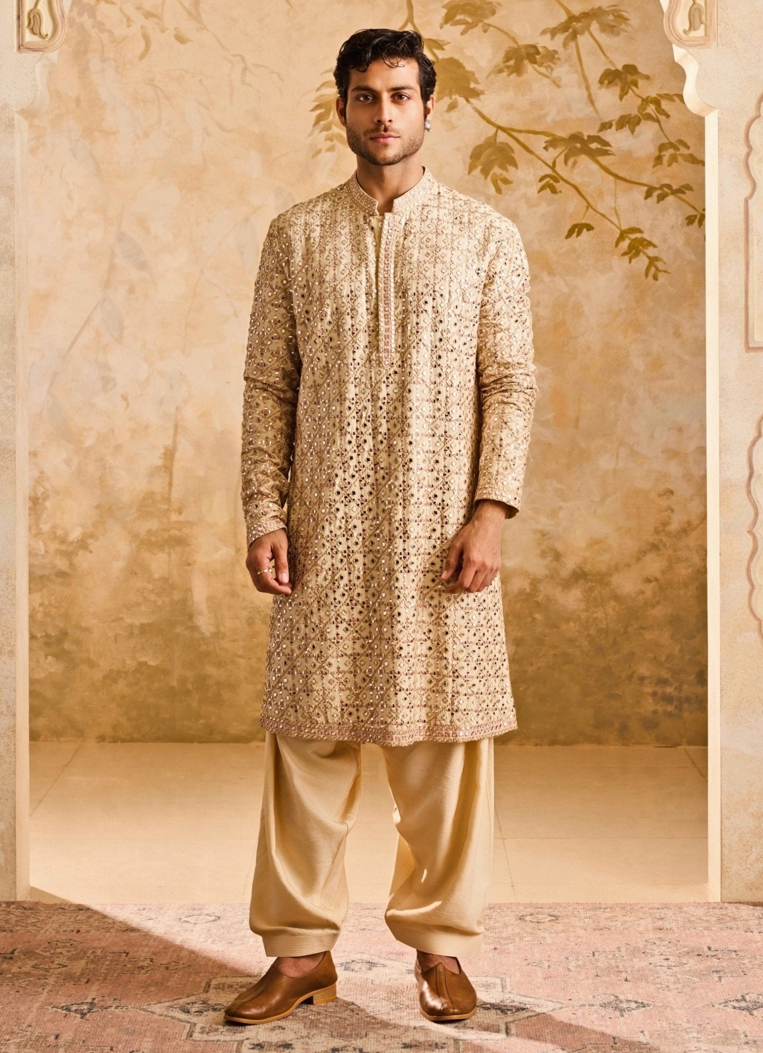 Beige cotton silk mirrorwork kurta set for men — sangeet outfit