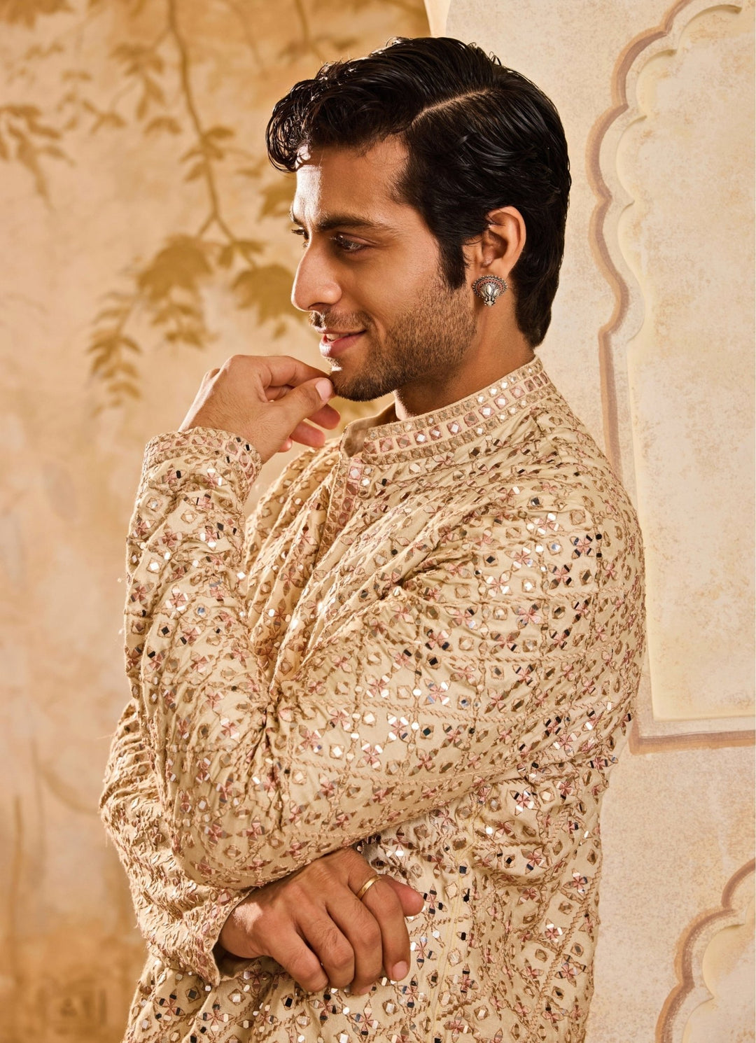 Beige Cotton Silk Mirrorwork Kurta Set Nitika Gujral - Men - Fabilicious Fashion