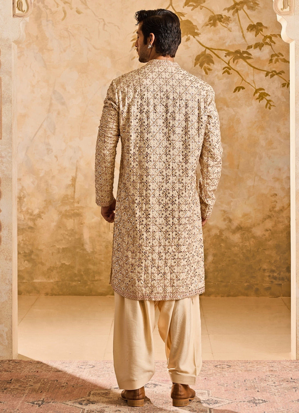 Beige Cotton Silk Mirrorwork Kurta Set Nitika Gujral - Men - Fabilicious Fashion