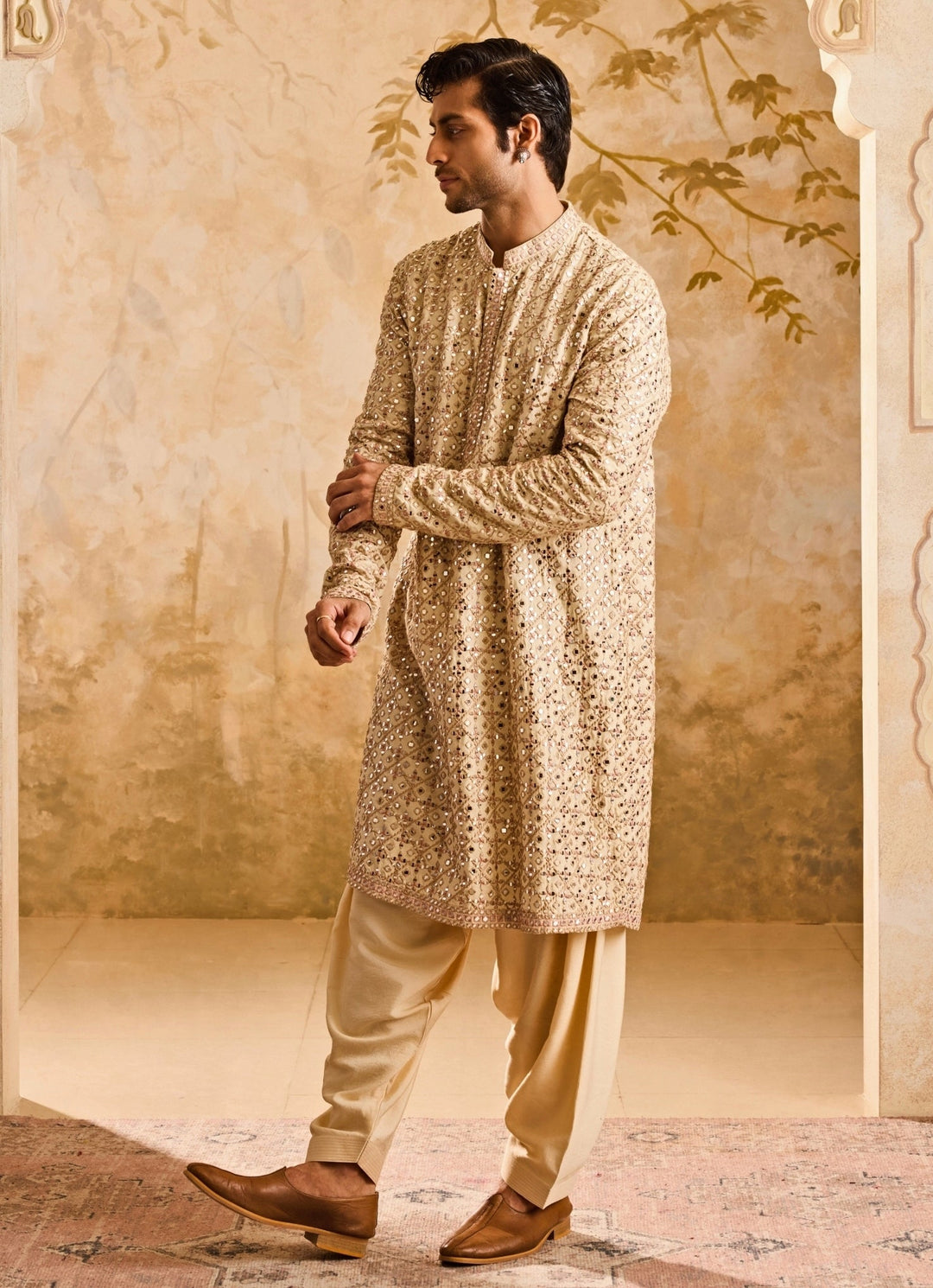 Beige Cotton Silk Mirrorwork Kurta Set Nitika Gujral - Men - Fabilicious Fashion