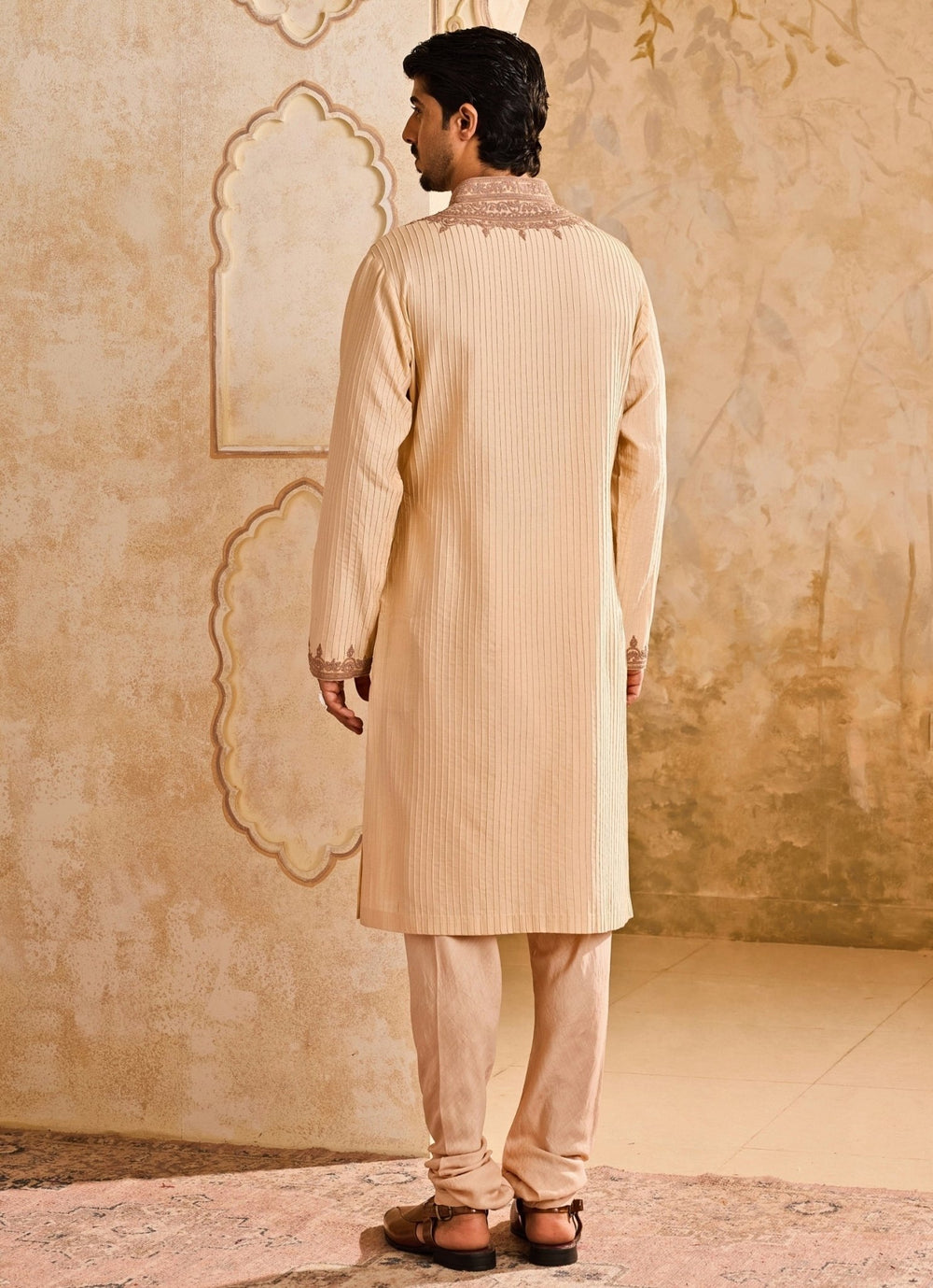 Beige Cotton Silk Pintucked Kurta Set Nitika Gujral - Men - Fabilicious Fashion