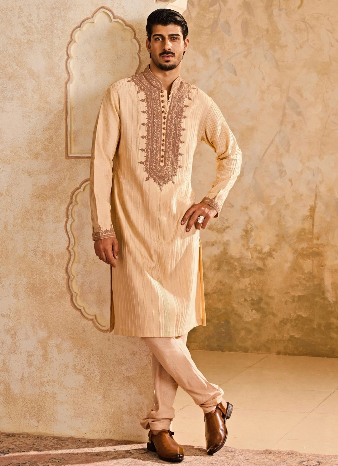 Beige Cotton Silk Pintucked Kurta Set Nitika Gujral - Men - Fabilicious Fashion