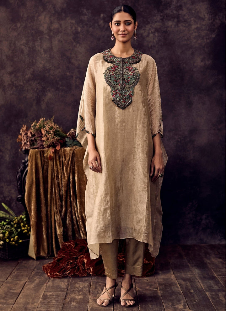 Prisho Beige Crushed Tissue Kaftan Pants SetFabilicious Fashion