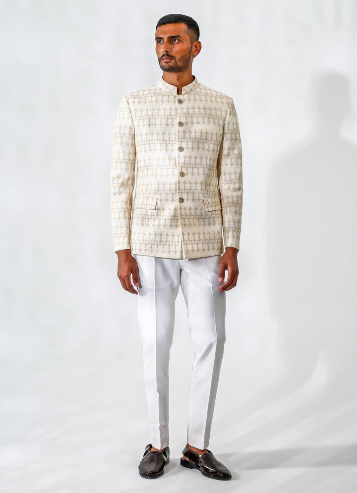 Beige Embroidered Cotton Silk Bandhgala Set Chatenya Mittal - Fabilicious Fashion