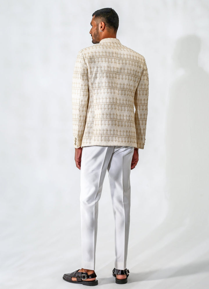 Beige Embroidered Cotton Silk Bandhgala Set Chatenya Mittal - Fabilicious Fashion