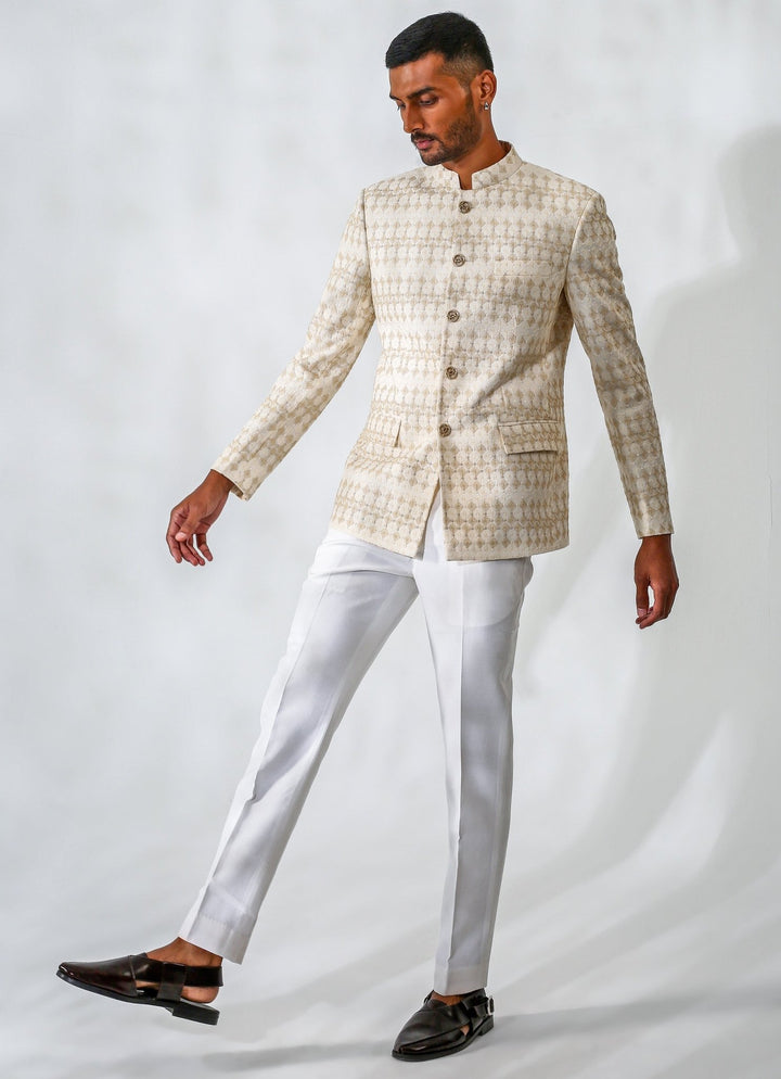 Beige Embroidered Cotton Silk Bandhgala Set Chatenya Mittal - Fabilicious Fashion