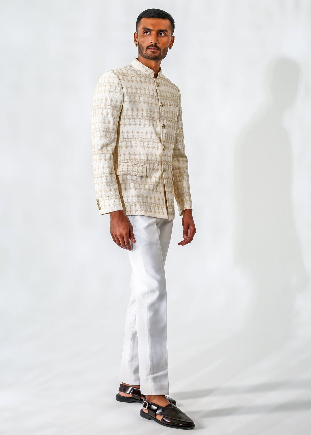 Beige Embroidered Cotton Silk Bandhgala Set Chatenya Mittal - Fabilicious Fashion