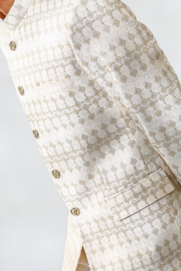 Beige Embroidered Cotton Silk Bandhgala Set Chatenya Mittal - Fabilicious Fashion